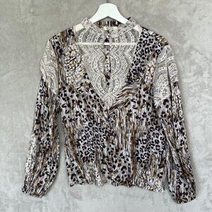 Gimmicks By BKE Womens L Animal Print BOHO Ruffled Lace Glittery Long Sleeve Top